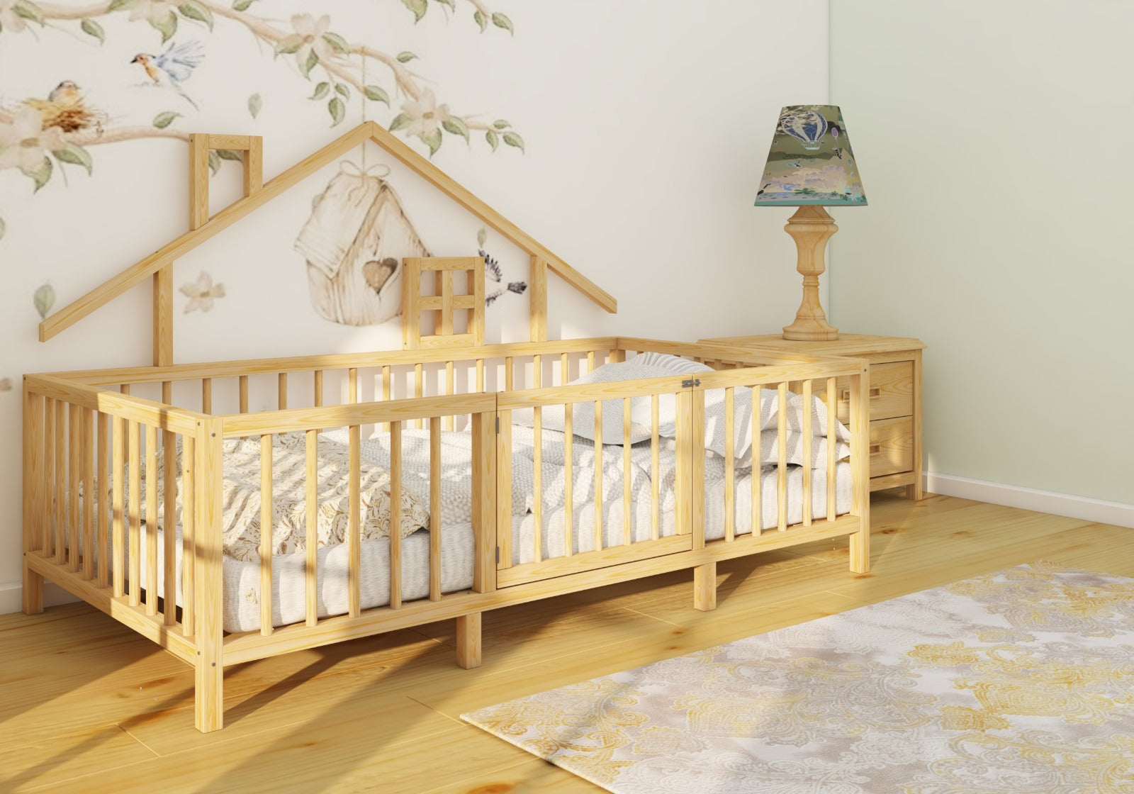 Montessori Natural Wooden Kids Bed with Roof and Legs