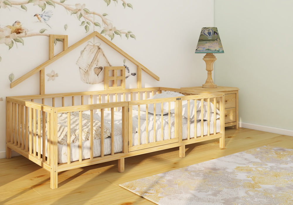Montessori Natural Wooden Kids Bed with Roof and Legs