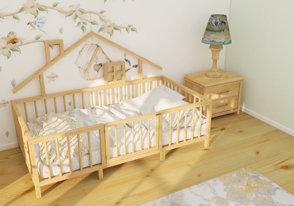Montessori Natural Wooden Kids Bed with Roof and Legs